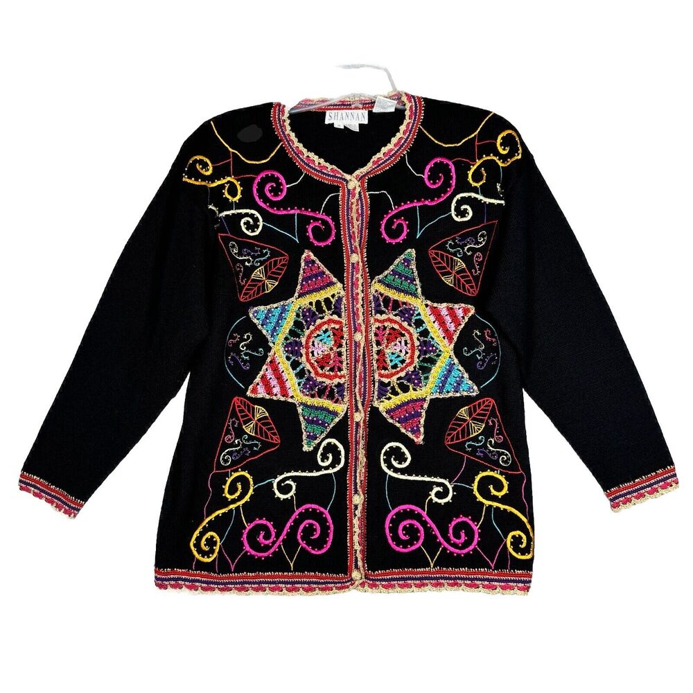 Shannan Sweater Womens Medium Black Multi‎ Cardigan Embroidered Beaded Vintage